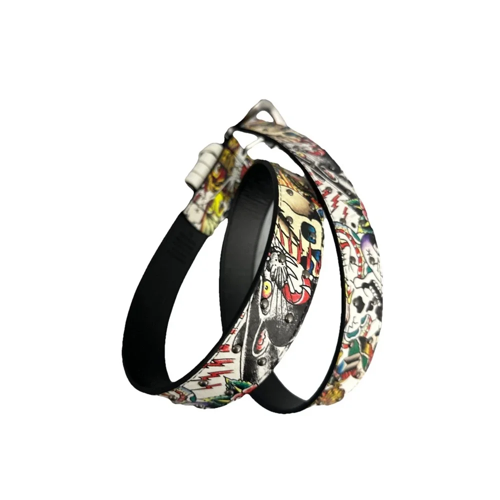Ed Hardy Men's Skull Tiger Panther Print Belt With Hammered Rivet Studs SZ 42 NW